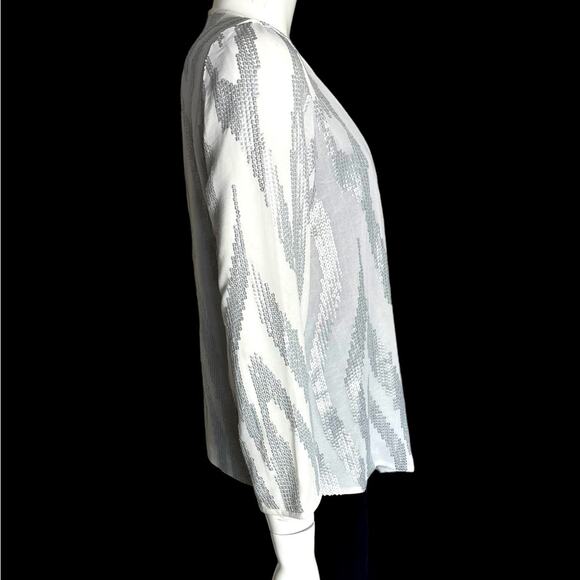 CHICO’S Women White Sheer Silver Beads in Geometric design Light jacket Size 0 - Picture 6 of 12